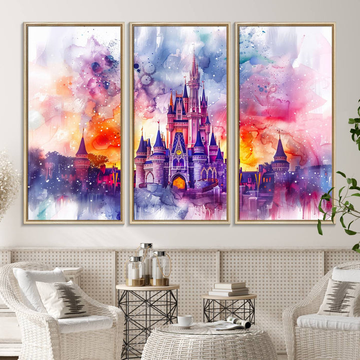 The watercolor Disney Wall Art showcases Cinderellas Castle in pink, purple, and orange hues.