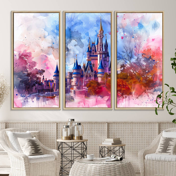 A Disney Wall Art: Dreamy Watercolor Cinderella Castle Canvas Print hangs prominently.