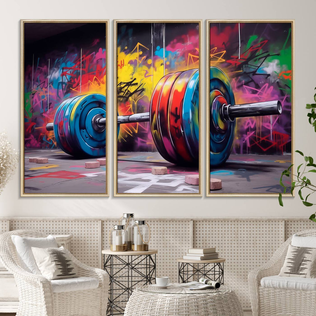 The Abstract Graffiti Barbell Canvas Wall Art is displayed on a porch.