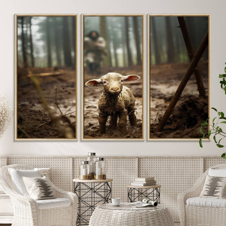 The Jesus Lost Lamb Canvas Wall Art features a heartwarming woodland scene, beautifully capturing the essence of serenity and grace.