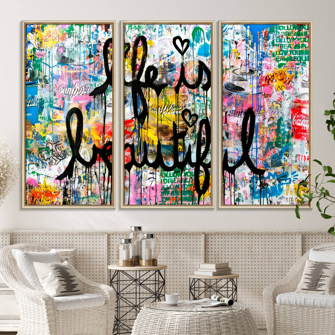 The Life Beautiful graffiti style canvas print is showcased in black script.