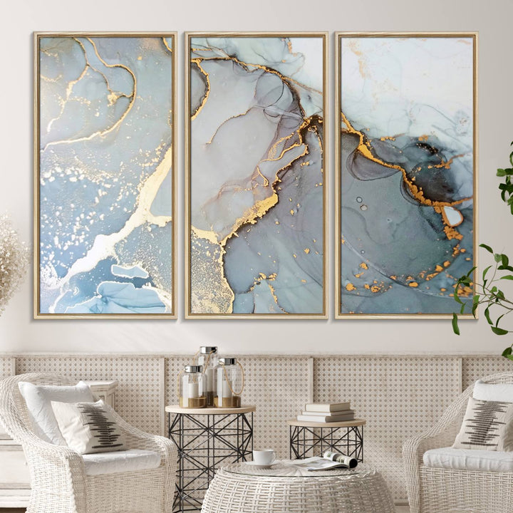 A blue and gold marbled Large Abstract Marble Wall Art Canvas Print hangs overhead.