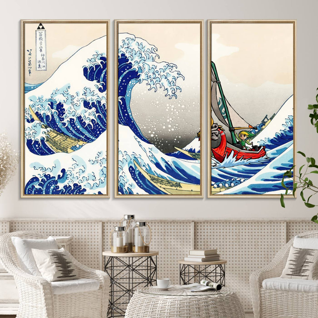 The Katsushika Hokusai Kanagawa Giant Wave Canvas print captures a vibrant sailing scene.