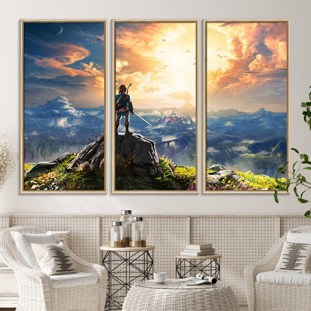 A vibrant Legend of Zelda Breath of the Wild canvas print depicts a figure standing on a rock with mountains and sky in the background.