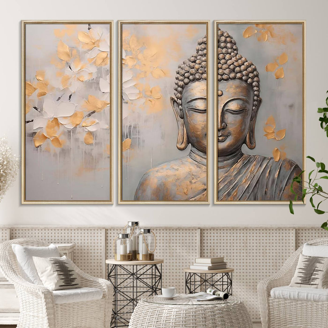 The serene dining room features Abstract Buddha Statue Wall Art.