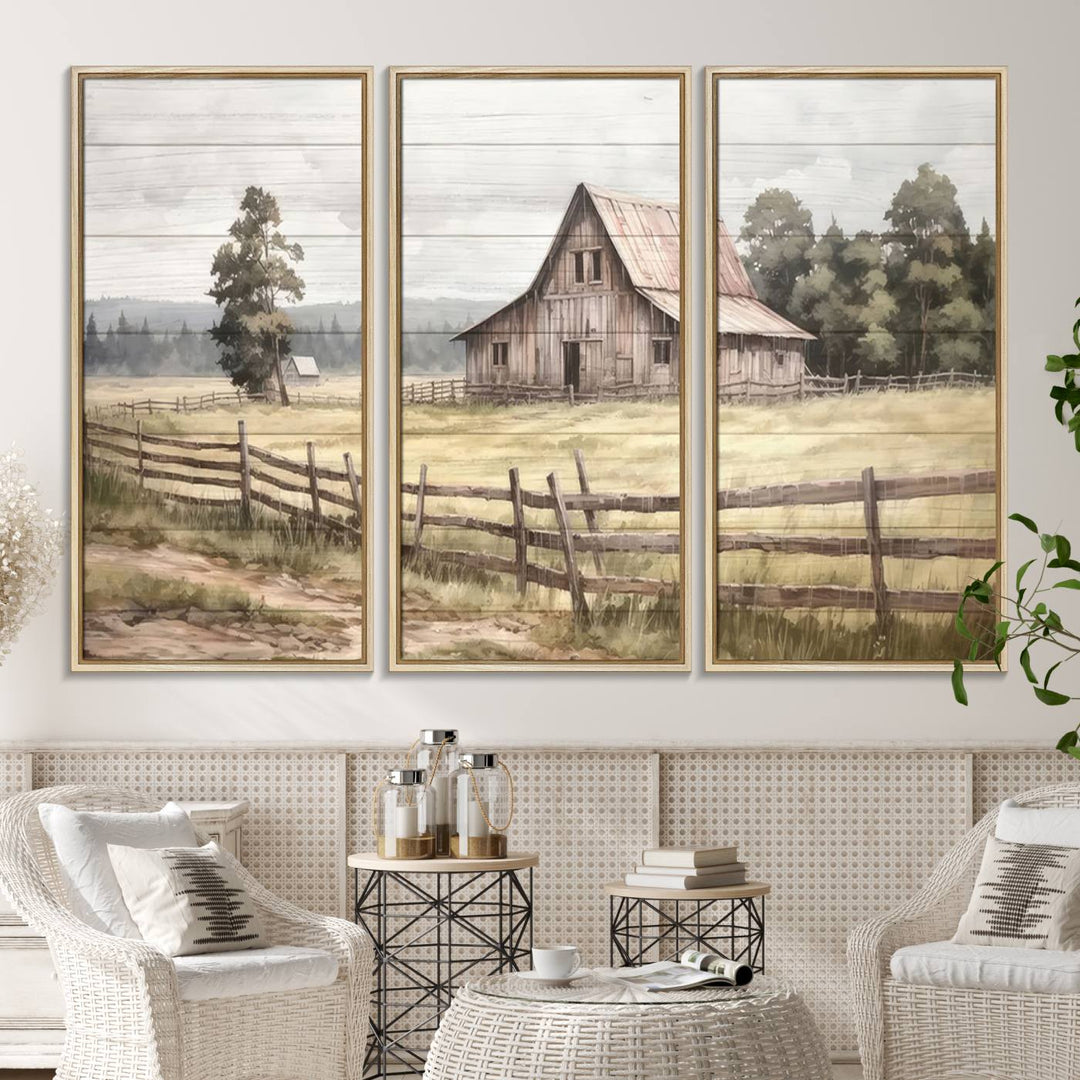 The wall is adorned with a Rustic Farmhouse Barn Wall Art.