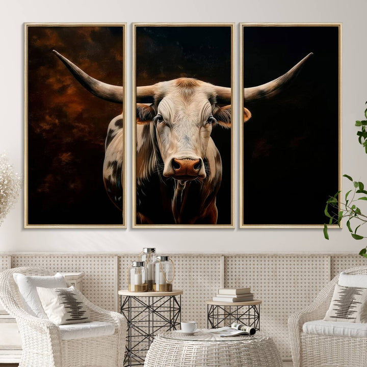 A large 3-panel Texas Longhorn canvas print dominates the space.