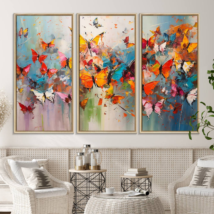 The Abstract Butterfly Wall Art Canvas Print hangs prominently, adding a touch of elegance and creativity to the room.