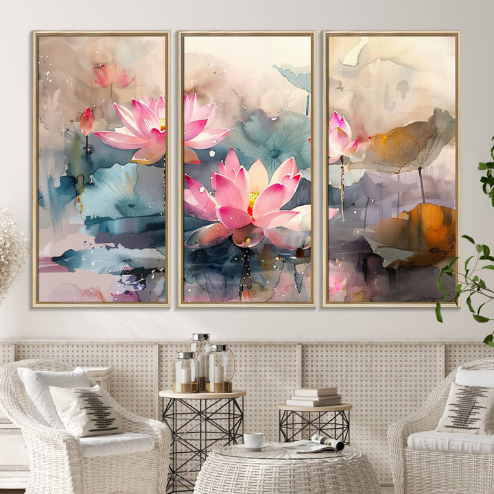 A pink lotus wall art adorns the space.