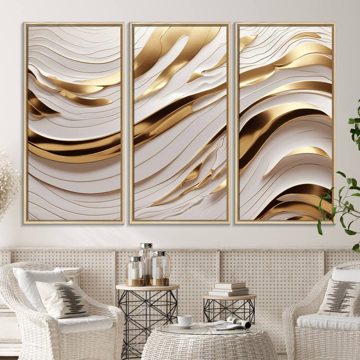 A Gold and White Abstract Wave Canvas with luxurious golden accents.