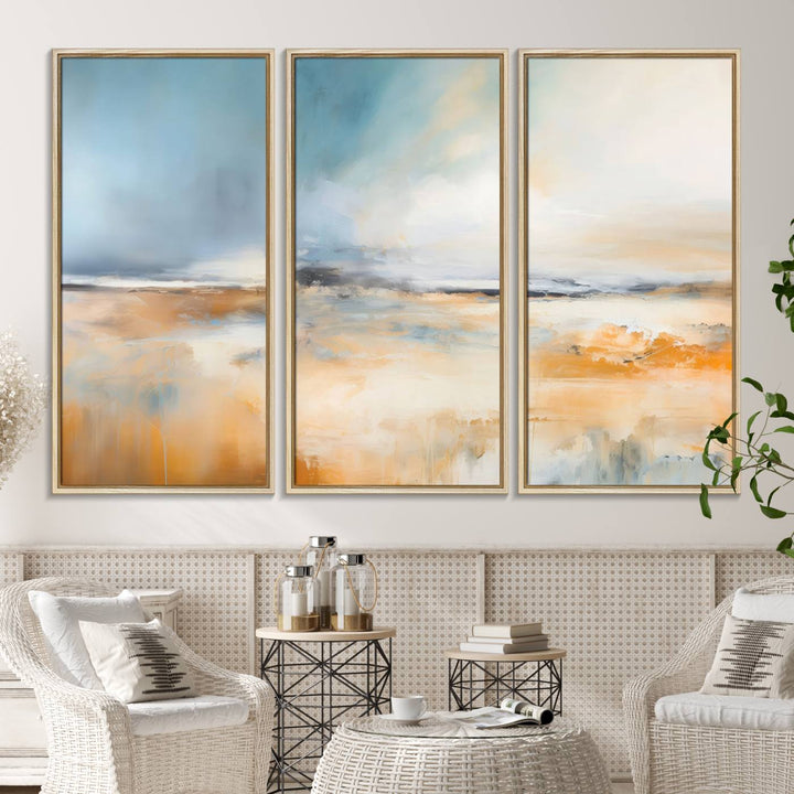 Abstract Landscape Wall Art in warm tones of orange and blue.