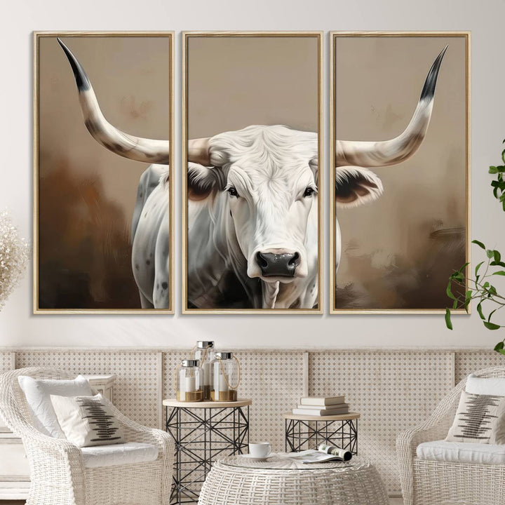 The kitchen features a striking canvas print of a Longhorn Bull.