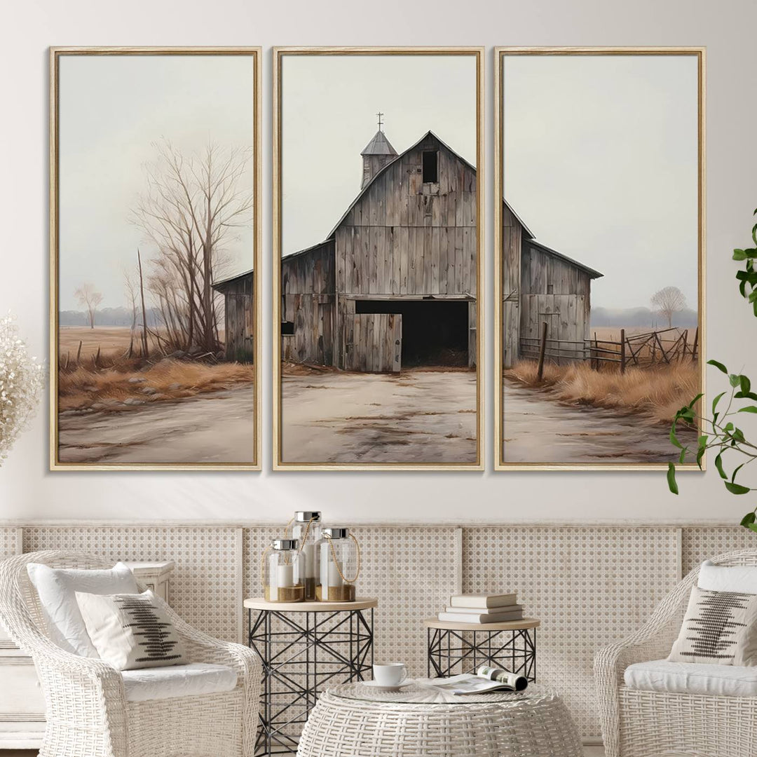 The Farmhouse Rustic Barn Wall Art Canvas Print, framed and ready to hang, enhances the farmhouse décor.