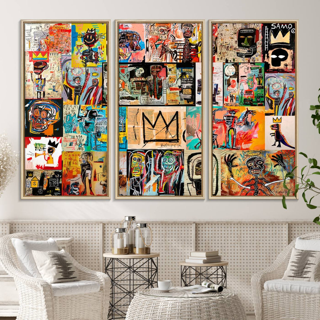 A Basquiat graffiti-style collage adorns the wall.