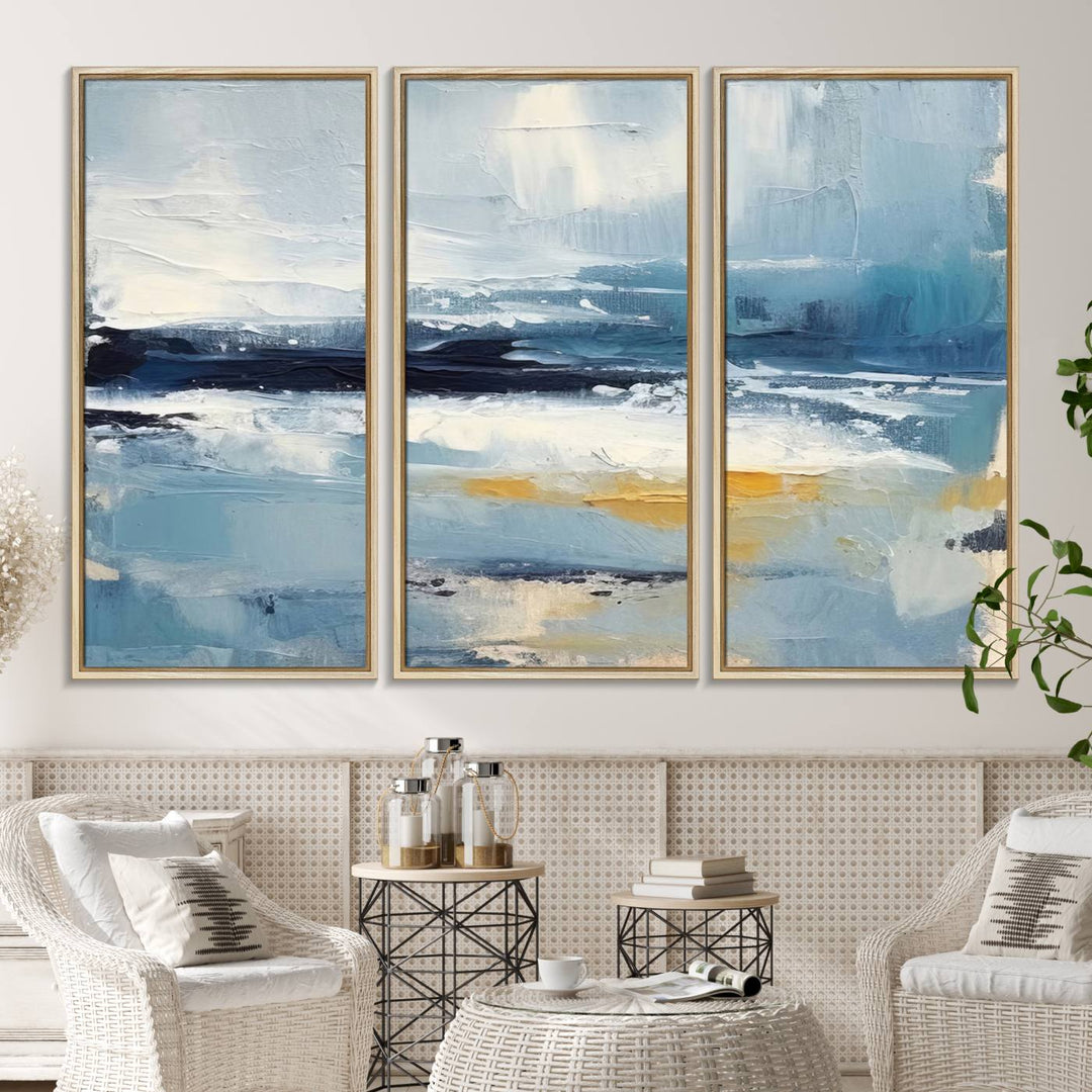 The Abstract Ocean Canvas Wall Art in coastal blue and gold enhances the modern kitchen.