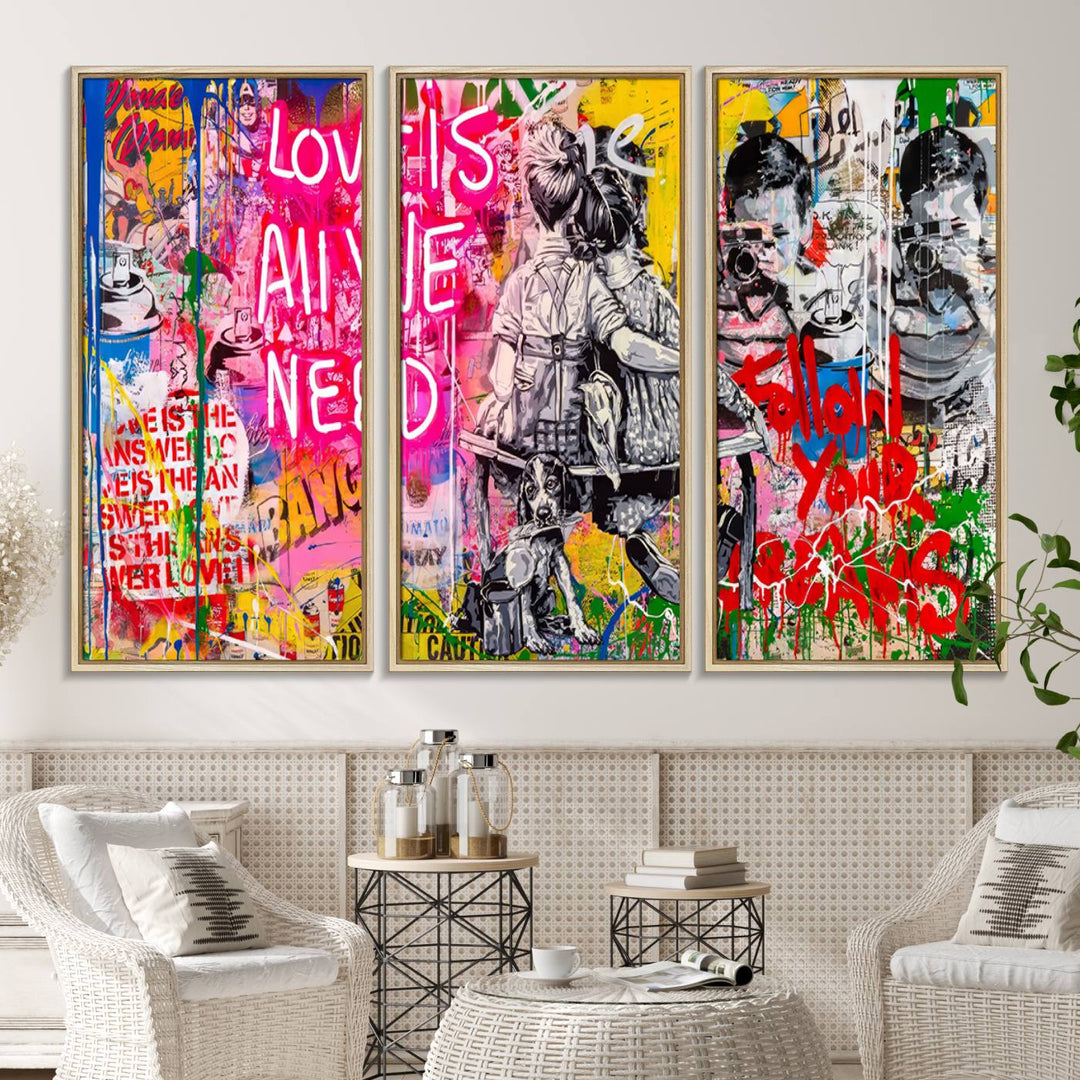 A vibrant and dynamic triptych features distorted horizontal lines, resembling graffiti street art. This artwork conveys the themes of "Follow Your Dreams" and "Love is All We Need" across three colorful panels.