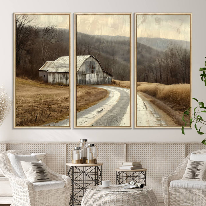 The wall exudes rustic charm, highlighted by the Vintage Barn Farmhouse Wall Decor Canvas Print.