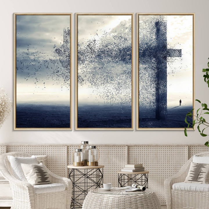 The Jesus and the Fading Cross wall art portrays a moody landscape.