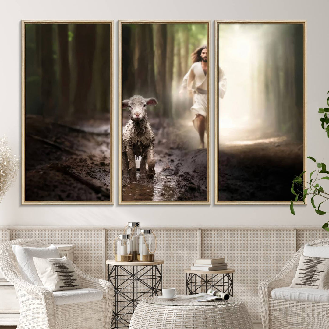 The Jesus Running After Lost Lamb canvas wall art adds a touch of spiritual significance.