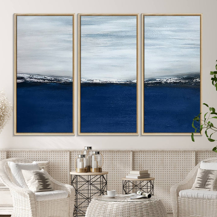 A Navy Blue Abstract Wall Art Canvas Print is displayed above the backsplash.