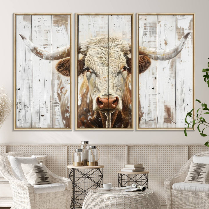 A Western-inspired Rustic Longhorn Bull Wall Art Canvas Set.