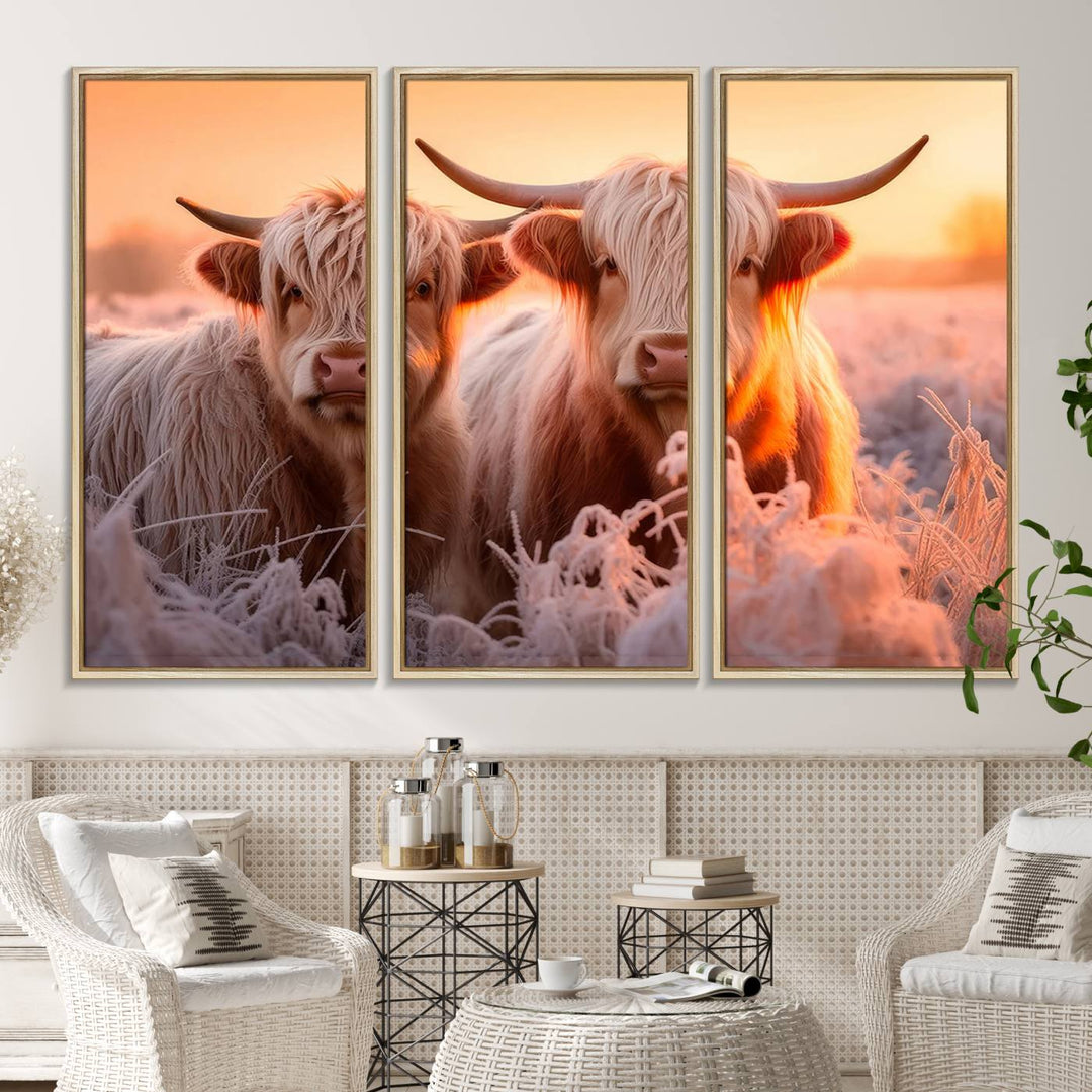 Highland Cows at Sunrise Wall Art adds serene rustic farmhouse charm.