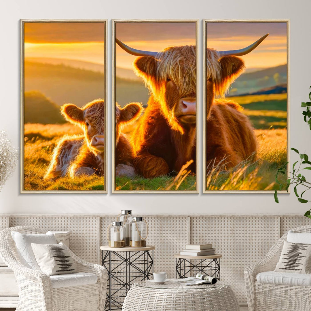 The Scottish Cow and Baby Cow Canvas Wall Art captures sunset fields.