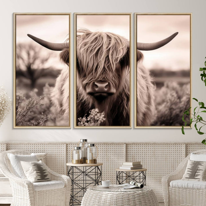 The Scottish Cow Longhorn Wall Art Canvas Print adds charm to the kitchen.