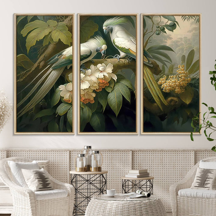 The Tropical Paradise Wall Art features a parrot in a lush forest.