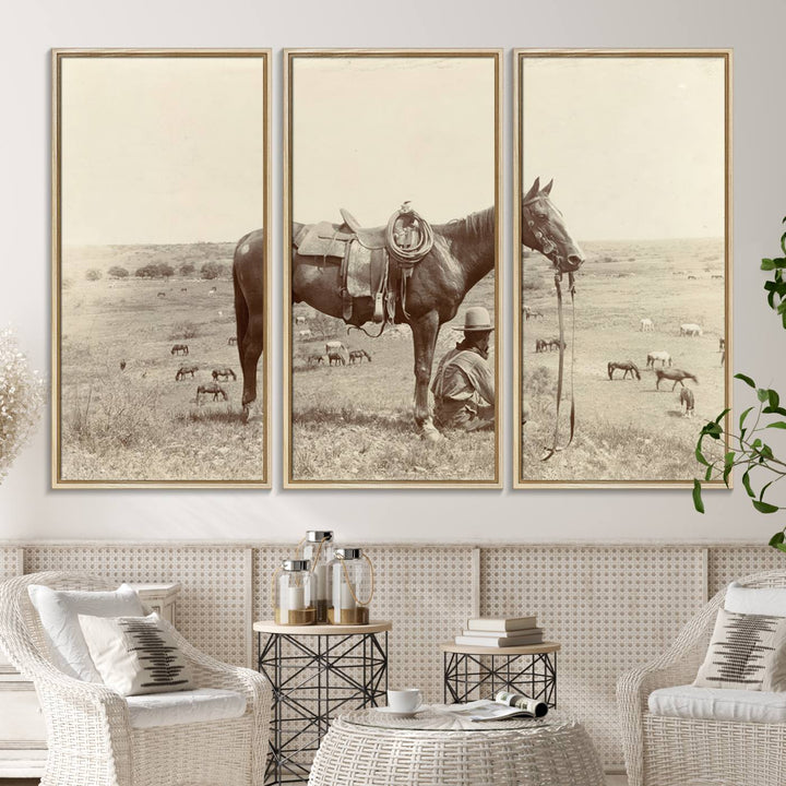 Cowboy Wall Art - Vintage Western Horse Canvas Print features a cowboy kneeling by his horse in a field.