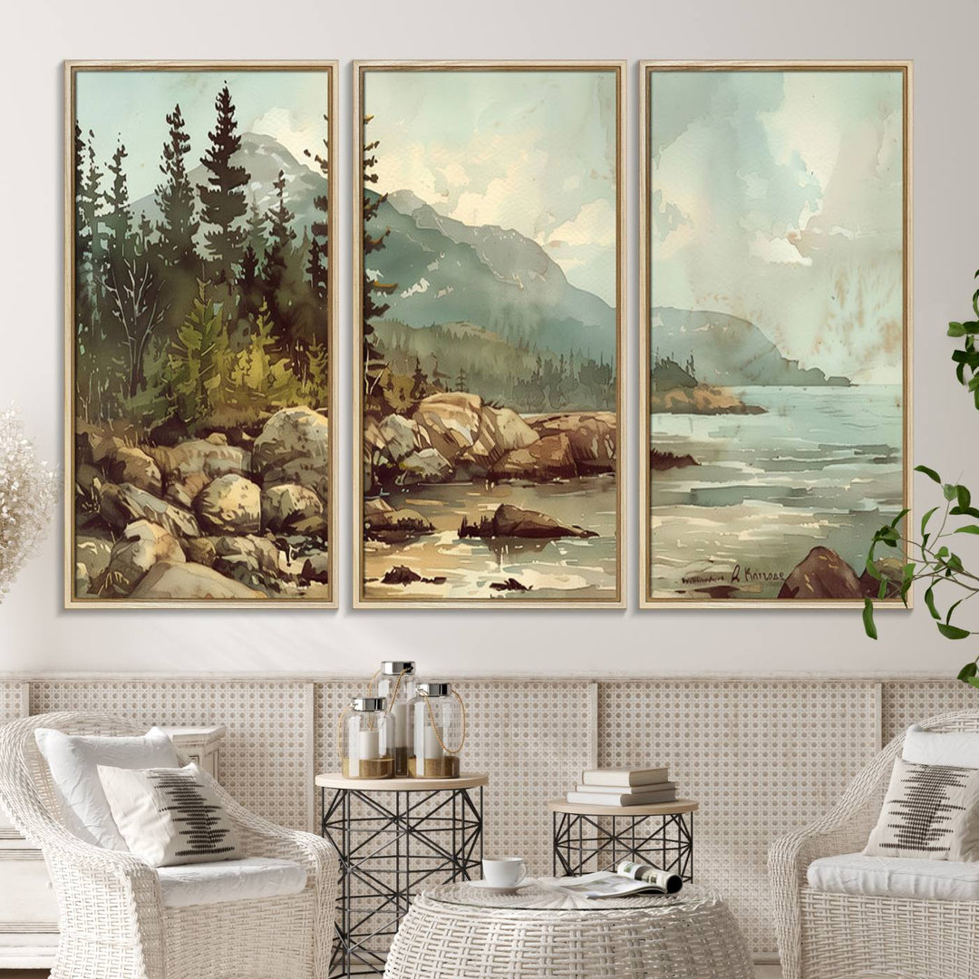 Framed Abstract Acadia National Park wall art, depicting a rocky coastline with trees and mountains, ready to hang.