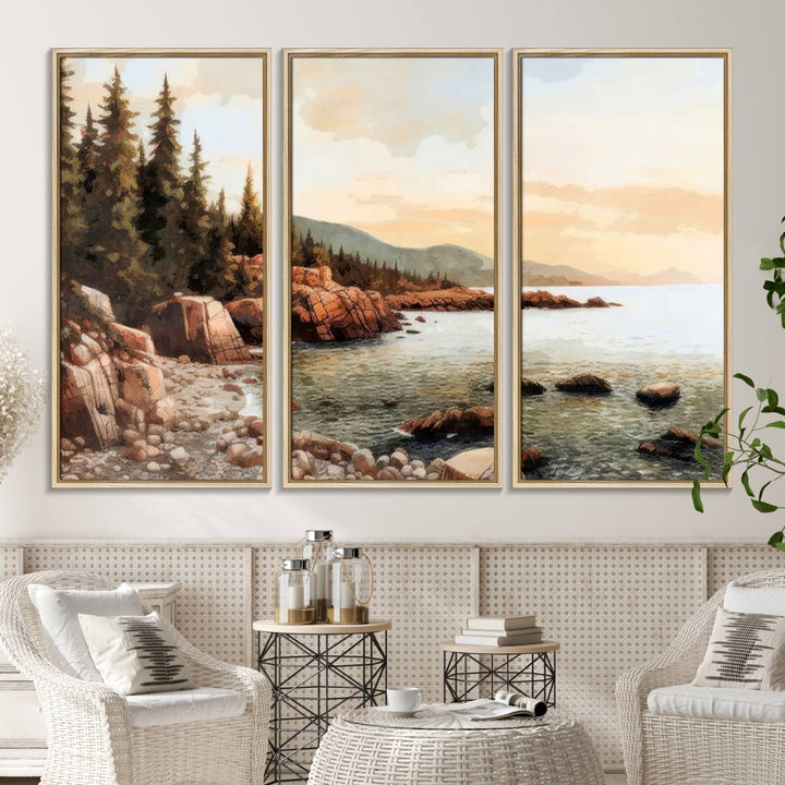 The Serene Coastal View of Acadia National Park 3-panel canvas, framed and ready to hang, adorns the wall.