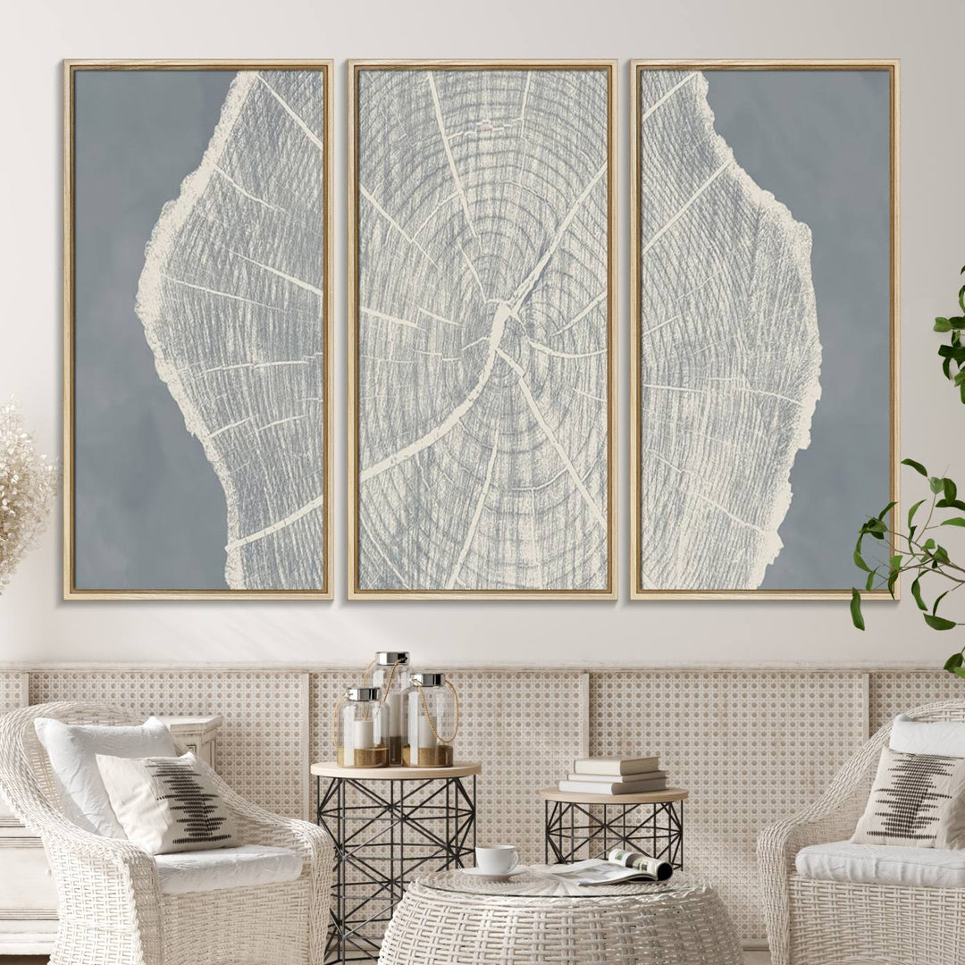 A gray wall displays the Abstract Tree Ring Wall Art print.