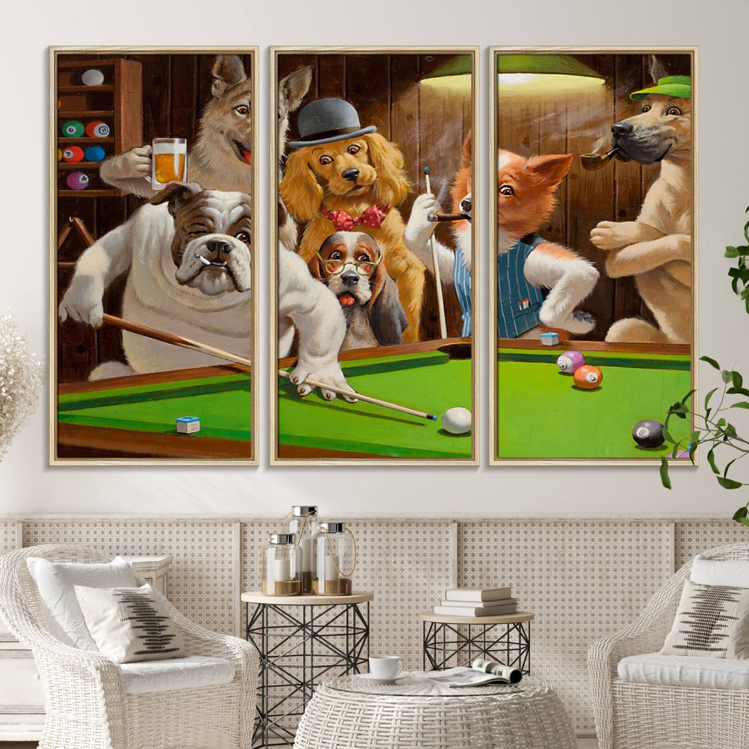 Dogs Playing Pool Canvas Wall Art: This artwork depicts a room where dogs are engaged in a game of pool. One dog is poised to cue while others observe the scene.