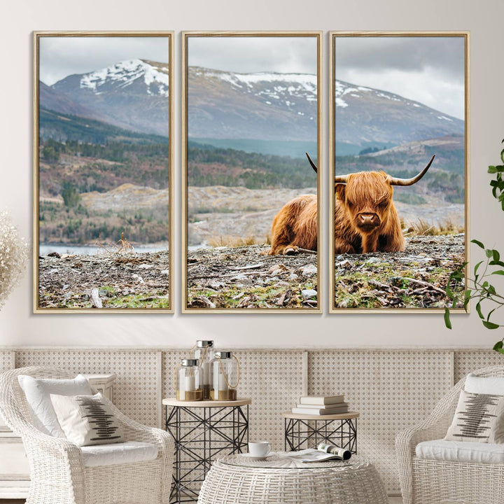 Highland Cow Horn Farm Wall Art Canvas Print is displayed against a wooden wall featuring a mountainous backdrop.