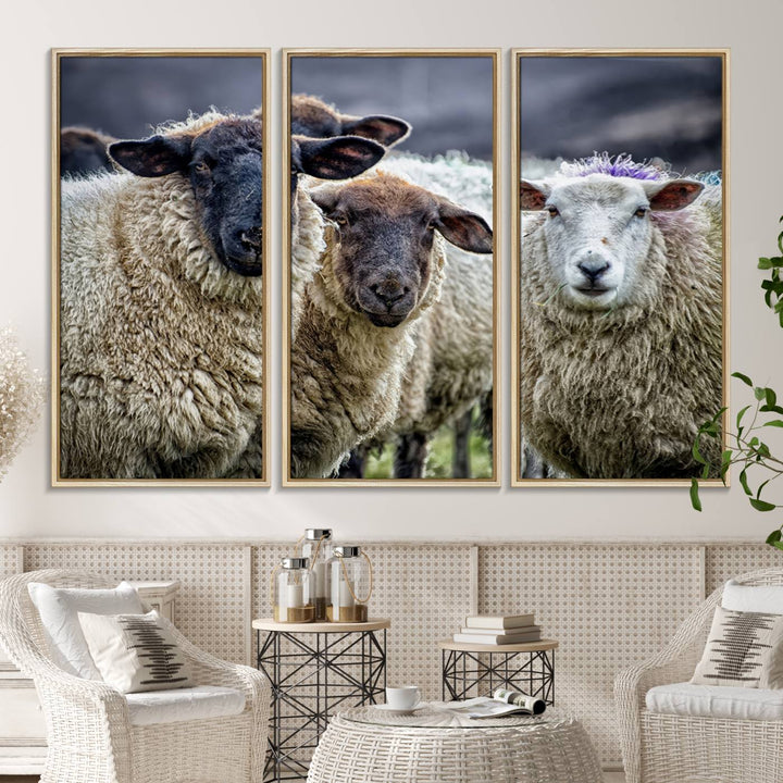 The Charming Sheep Portrait Wall Art hangs on a wooden wall.