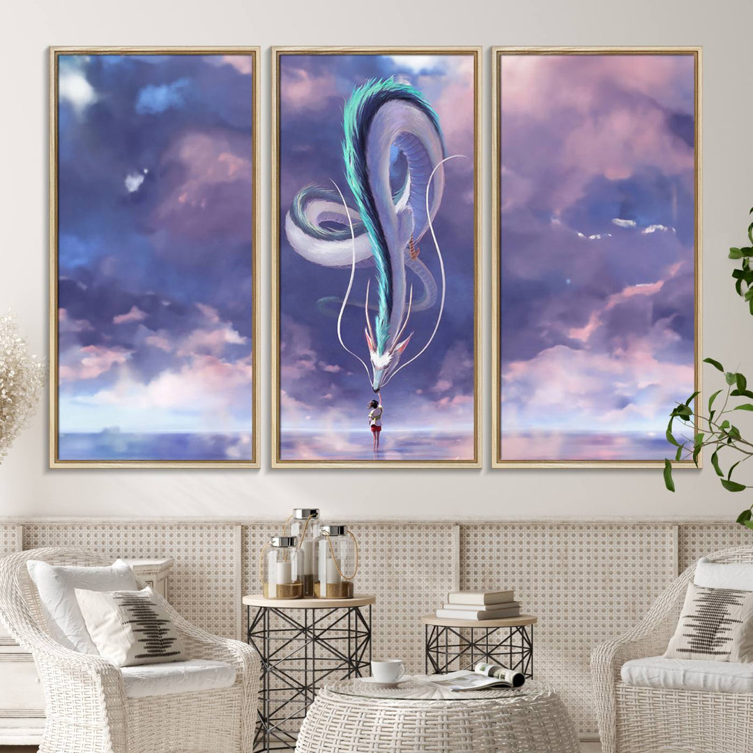 The Spirited Away Haku and Chihiro poster captures a cherished scene for anime lovers under a colorful, cloudy sky.