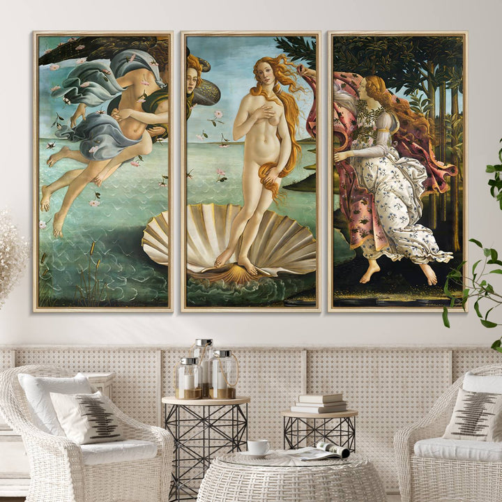 A canvas print of Botticellis The Birth of Venus is displayed on the wall.