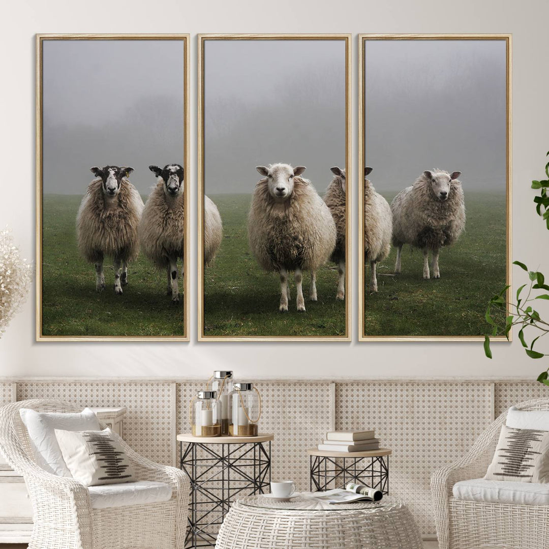 The Flock of Sheep in a Mystical Fog canvas print is framed and ready to hang.