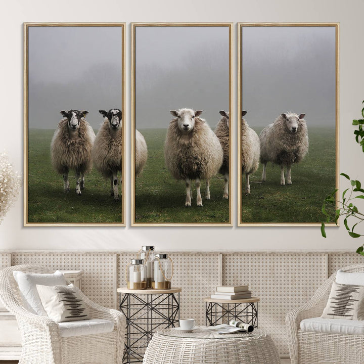 The Flock of Sheep in a Mystical Fog canvas print is framed and ready to hang.