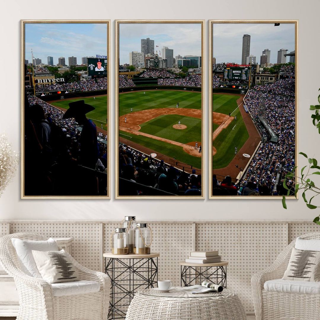 Admire this museum-quality canvas print of a Chicago Cubs game with a cityscape view from the stands at Wrigley Field.