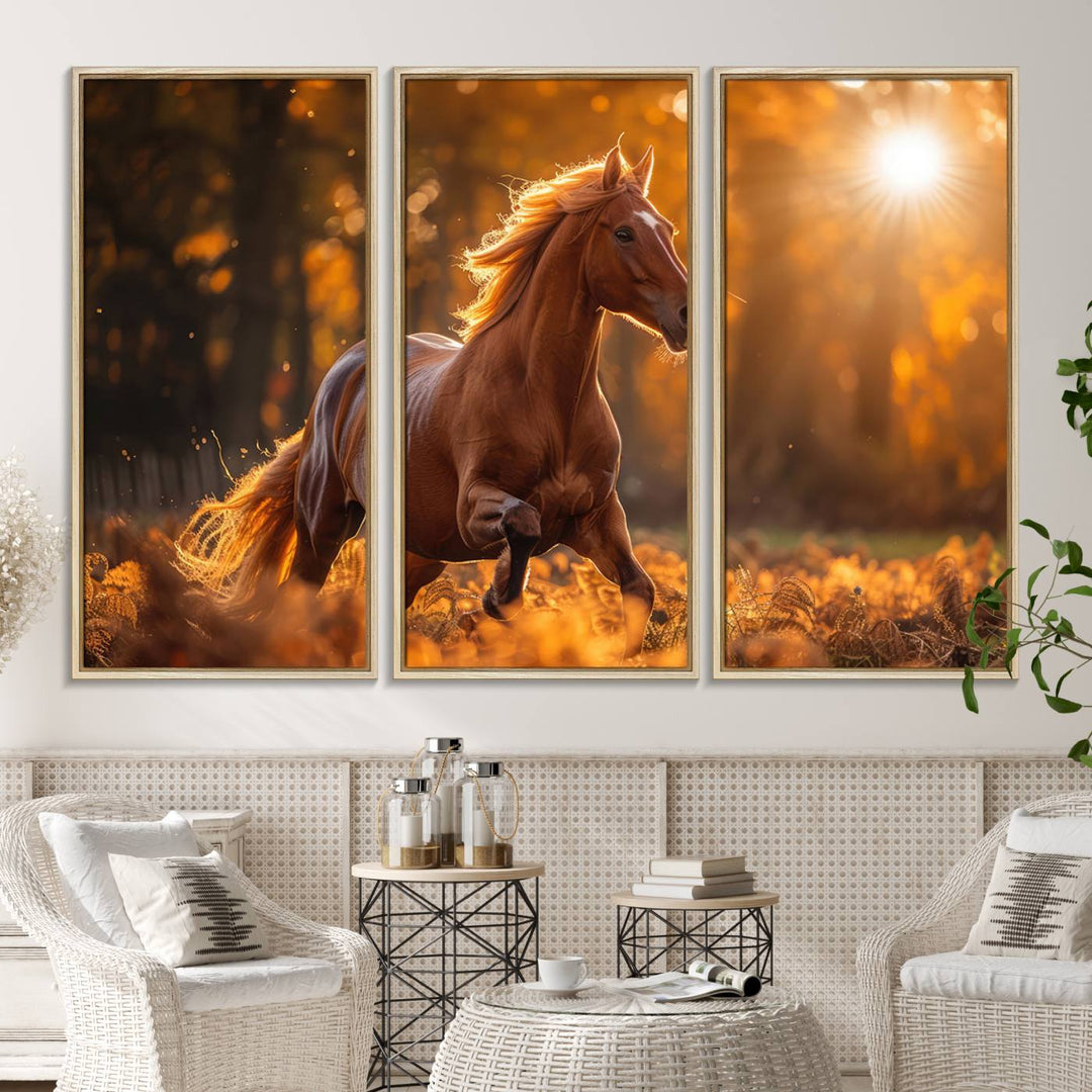 The Running Horse Sunset Forest Wall Art Canvas Print showcases a gallop in an autumn forest with sunlight streaming through the trees.