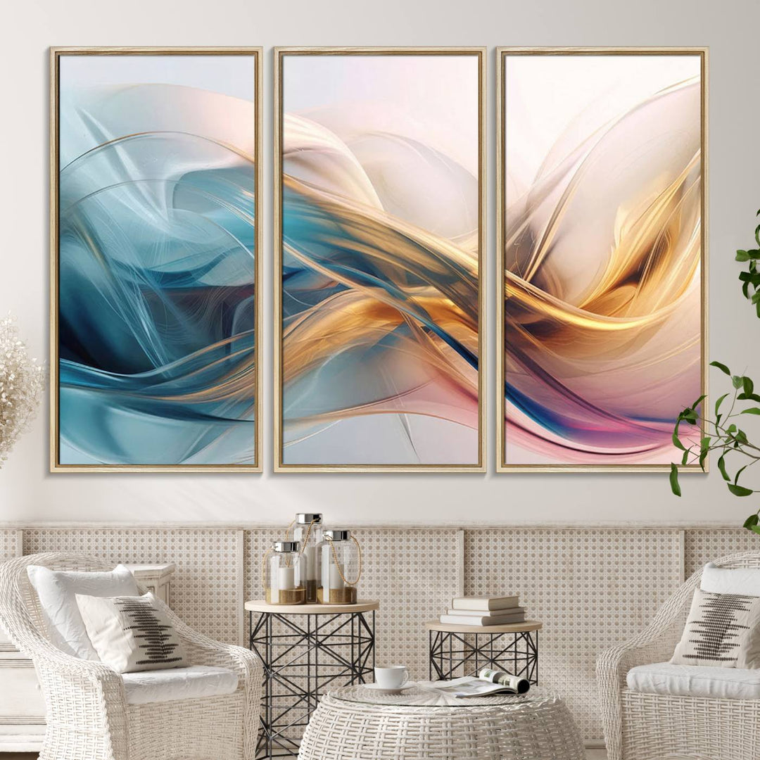 Abstract Flowing Colors Wall Art featuring blue, gold, and pink adds modern elegance to the space.