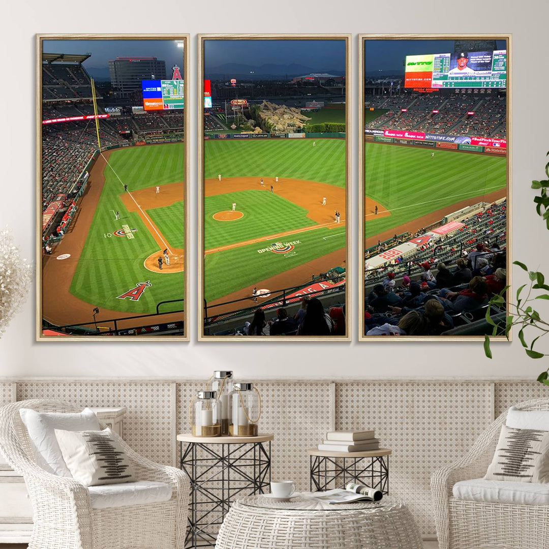 The Angel Stadium Aerial View canvas print of an Angels baseball game is showcased.