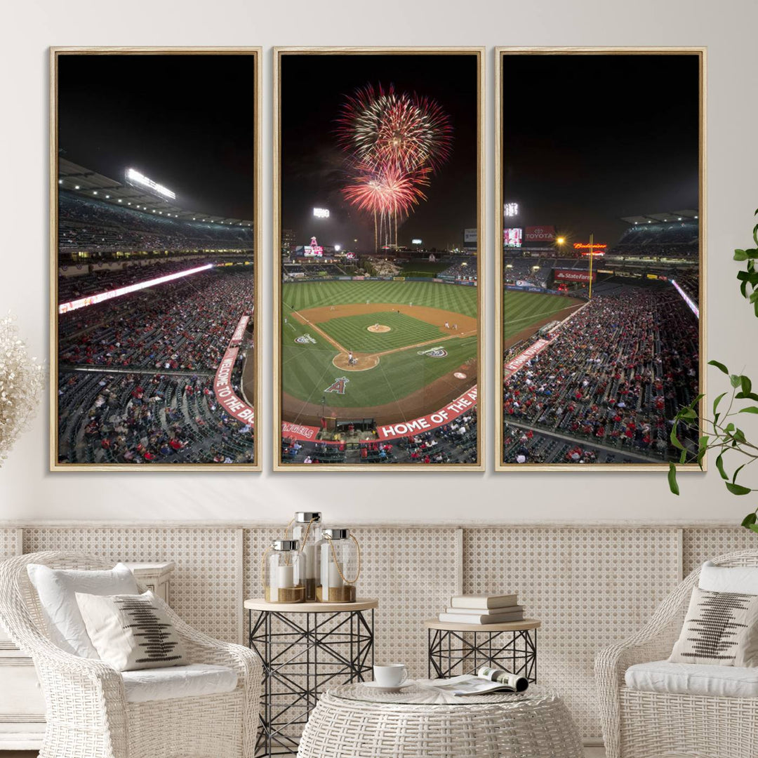 Fireworks at Angel Stadium – LA Angels Night Game Canvas Print, framed and ready to hang.