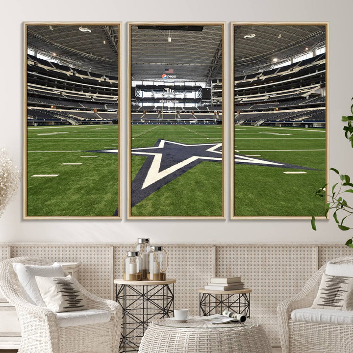 AT&T Stadium Dallas Cowboys Canvas Print displayed above a dining table.