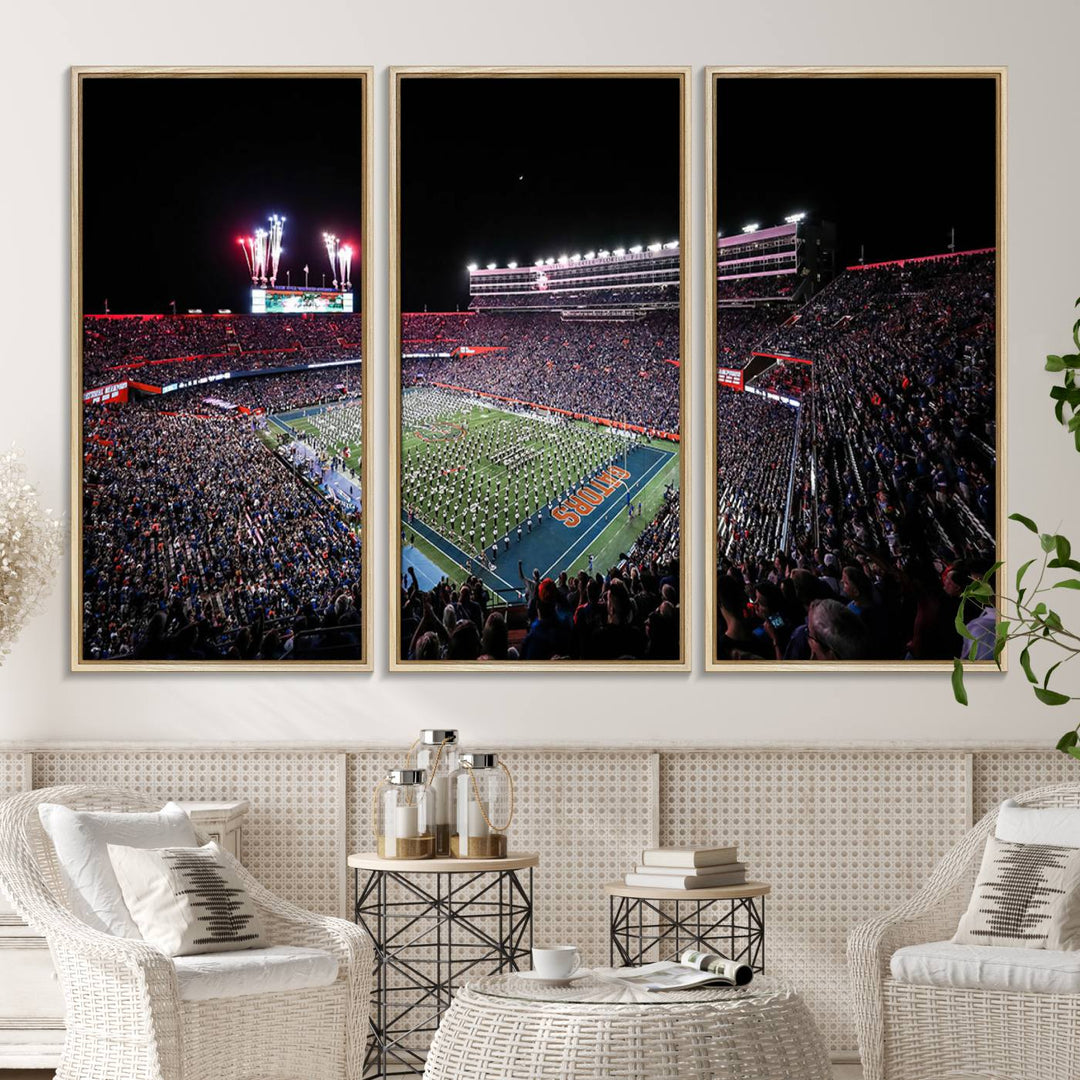 The Gators Night Game Canvas Art captures a lively night at Ben Hill Griffin Stadium with vibrant fireworks and the energy of a live band.