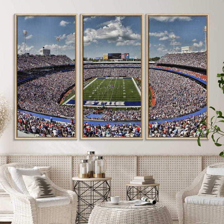 Our Buffalo Bills Game Day Canvas captures a vibrant scene at Highmark Stadium, with a lively crowd under a partly cloudy sky.