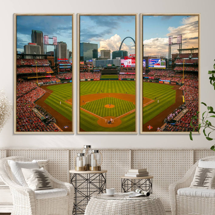 A Busch Stadium canvas print featuring a cityscape, ideal for enhancing living room or man cave sports decor.