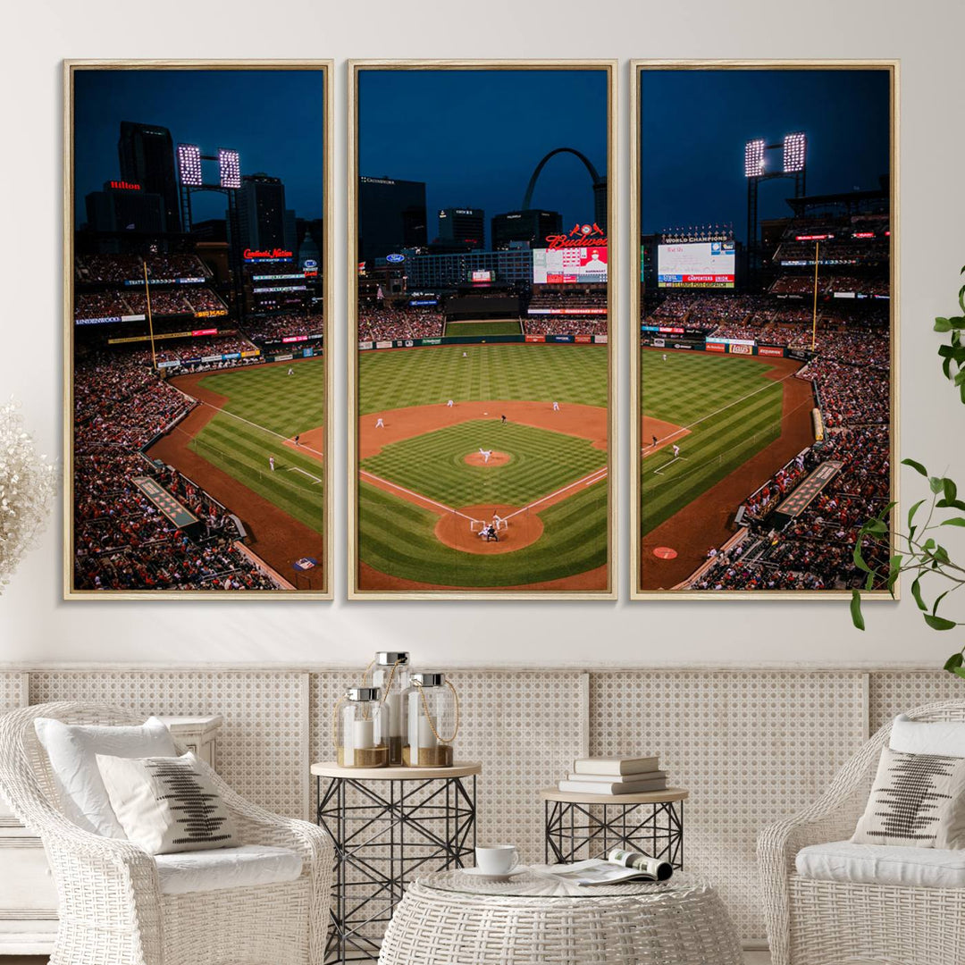 A St. Louis Cardinals Baseball Team print of Busch Stadium at night adorns the wall.